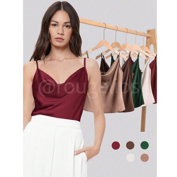 Burgundy Glamorous Cowl Neck Spaghetti Straps Camisole Top Cami, Draped - Picture 9 of 10